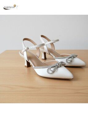 Wide Width Kitten Heels Rhinestone Bow Pointed Toe Pumps Satin Ankle Strap